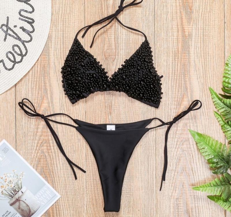 Cutubly Sexy Thong Swimsuit 2022 Holiday New Swimwear Bra Top And Underpants Bead Pearl Sexy Bikinis 2 Pieces Outfits Summer