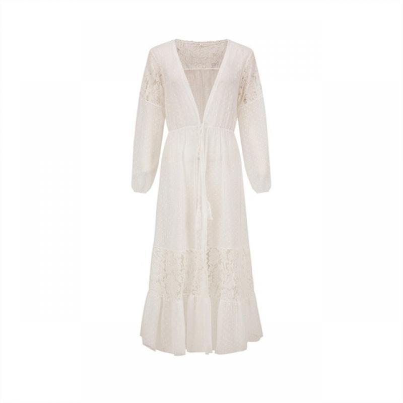 Summer Long Sleeve Bikini Cover-ups Ladies See-through Chiffon Splicing Lace Sun Protection Coverups Outerwear Women's Beachwear