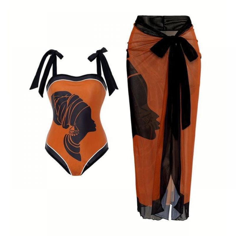 2023 New One Piece Swimsuit with Wrap Skirt Women Retro Holiday Tie-Shoulder Swimwear Bowknot Beach Cover Up Bathing Suit
