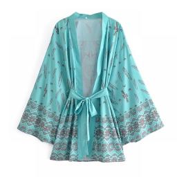 Boho Queens Vintage Green Floral Print Sashes Bikini Cover-up  Women Bohemian V Neck Batwing Sleeves Short Robe Kimono