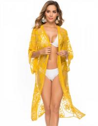 Sexy See-through Lace Mesh Beachwear Women Cardigan Bikini Cover-ups Ladies Flared Seven-quarter Sleeve Sun Protection Coverups