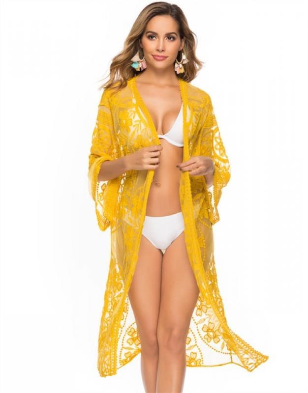 Sexy See-through Lace Mesh Beachwear Women Cardigan Bikini Cover-ups Ladies Flared Seven-quarter Sleeve Sun Protection Coverups