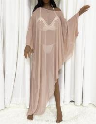 Sexy Mesh See Through Bikini Cover-ups Ladies Irregular Loose Beach Dresses Women's Seven-quarter Sleeve Sun Protection Coverups
