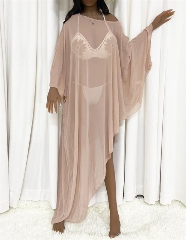 Sexy Mesh See Through Bikini Cover-ups Ladies Irregular Loose Beach Dresses Women's Seven-quarter Sleeve Sun Protection Coverups