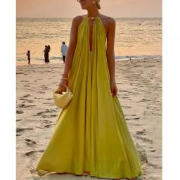 2023 New Sexy Design Women Swimsuit Summer Solid Casual Sleeveless Maxi Dress Deep-V Halter Loose Swimwear Elegant Beach Wear