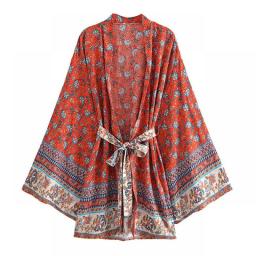 Boho Queens Floral Print Sashes Kimono Women Bohemian V Neck Batwing Sleeves Rayon Happie Short Beach Bikini Robe Boho Cover-up