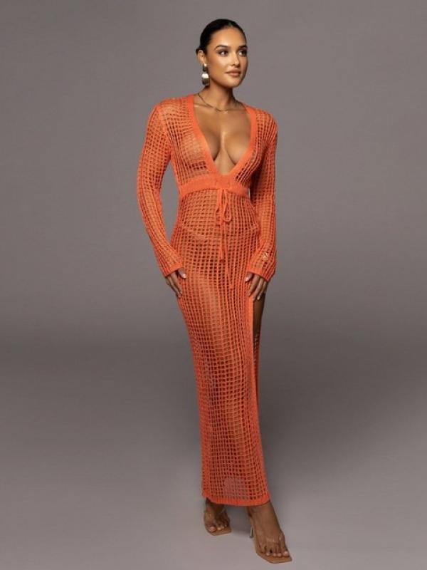 JRRY Sexy Women Knitted Dresses Deep V Neck Tassels Sleeves Crochet Dress Cover Ups Hollow Out Crocheted Beach Skirt Cover Ups
