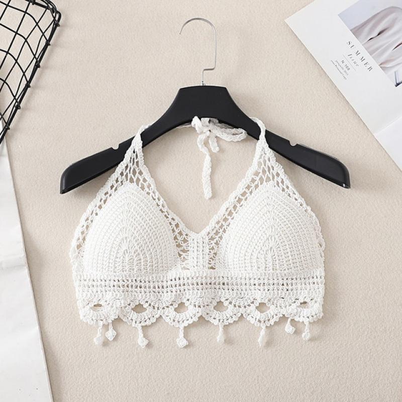 OUMEA Women Summer Beach Swimwear V-Neck Cotton Crochet Crop Tops Knitting Crochet Sleeveless Halter Neck Sexy Tops Camisole