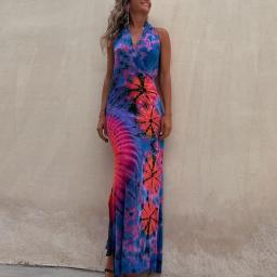 2023 Vintage Women Hollow Out Halter Dress Femme Party Club Patchwork Backless Dress Summer Casual Sleeveless Print Long Dress