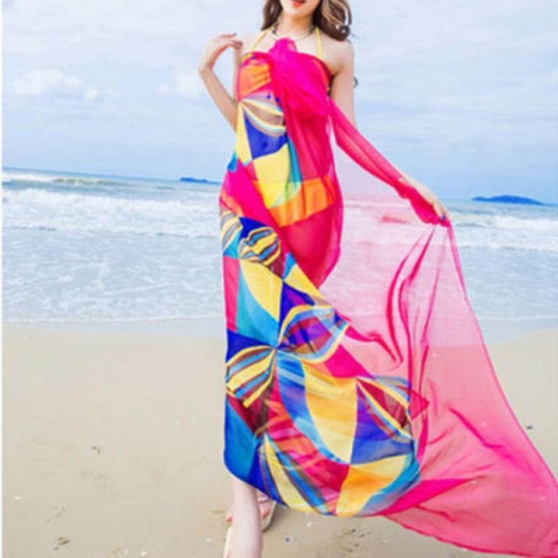 Women Cover-Ups Hot Sale Flower Print Women Sexy Chiffon Bikini Cover Up Beach Swimwear Dress Scarf Pareo Sarong Wrap