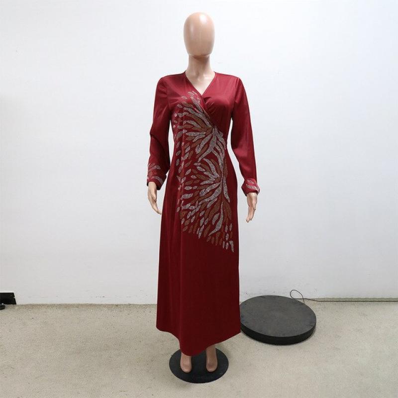 Polyester Muslim Fashion Abaya Summer Elegant Muslim Long Sleeve V-neck Regular Solid Color Long Abaya Maxi Dress Abaya Dress