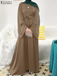 ZANZEA Vintage Muslim Sundress Bat Sleeve Casual Satin Dress Islamic Clothing Ankle Length Robe Fashion Party Abaya Ramadan 2023