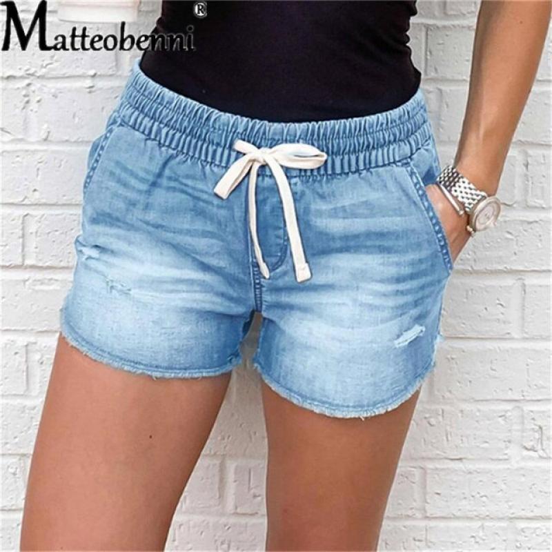 Women Mid Waist Lace Up Short Jeans Summer Fashion Sexy Ripped Denim Shorts Casual Elastic Waist Vintage Thin Shorts Streetwear