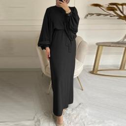 Autumn Puff Sleeve Muslim Dress Women Abaya Kaftans Casual Evening Dresses Woman Dubai Islam Long Robe Islamic Clothing