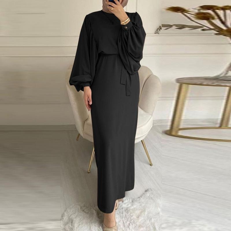 Autumn Puff Sleeve Muslim Dress Women Abaya Kaftans Casual Evening Dresses Woman Dubai Islam Long Robe Islamic Clothing