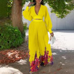 Autumn Fashion Print Pleated Two Piece Set Women Elegant V-neck Lantern Sleeve Top Wide Leg Pants Two Piece Set Women