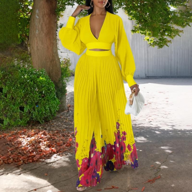 Autumn Fashion Print Pleated Two Piece Set Women Elegant V-neck Lantern Sleeve Top Wide Leg Pants Two Piece Set Women