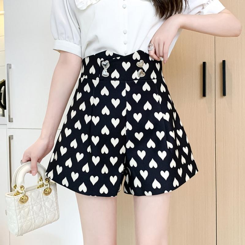 Love Print High Waist Wide Leg Casual Shorts Women's Spring Summer New Beach Resort Hot Girl Street Vintage A-line Shorts Female