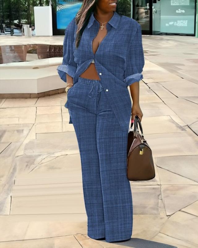 Autumn Fashion Printed Shirt Two Piece Set Women Long Sleeve Shirt Wide Leg Pants Casual Loose Two Piece Suit Women