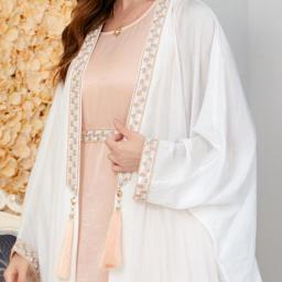 White Polyester Muslim Sets Summer Fashion Muslim Women Long Sleeve V-neck Long Abaya With Inner Muslim Dresses Abaya Dress