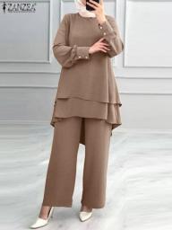2PCS ZANZEA Women Muslim Sets Fashion Dubai Turkey Abaya Hijab Suits Autumn Long Sleeve Blouse Trousers Suit Solid Outifits 2023