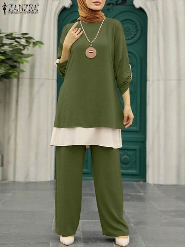2PCS Muslim Sets ZANZEA Two Piece Sets Womens Vintage Patchwork Blouse Suits Outifits Casual Abaya Hijab Trousers Sets Tracksuit