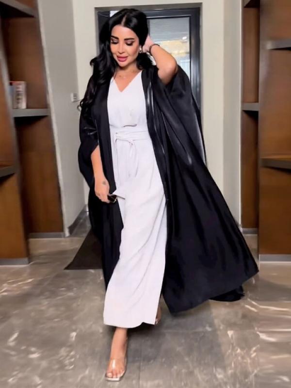 Fashion Casual Muslim Open Abaya for Women Corban Eid al Adha 2023 New Bright Silk Satin Cardigan Robe Oversized Batwing Sleeve