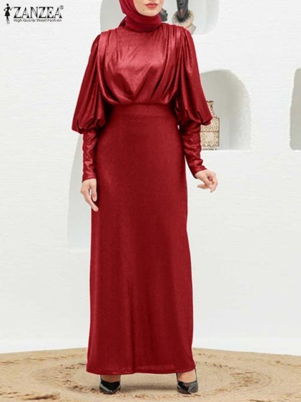 ZANZEA Long Sleeve Women's Spring Sundress Vestidos Femme Spring Vintage Muslim Satin Dress Casual Abaya Hijab Maxi Robe 2023