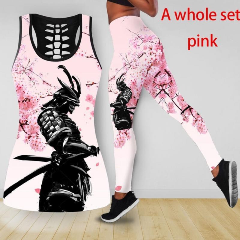 Samurai Warrior Red Flower Combo Legging Tank Top Outfit Fitness Pants Summer Vest Yoga Suit XS-8XL
