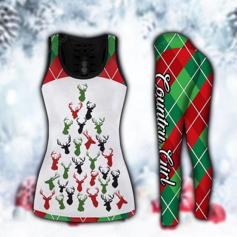 Deers Christmas Tree Red And Green Print Yoga Sleeveless Shirt Tank Tops Yoga Leggings for Women Sports Wear Suit Xs-8Xl