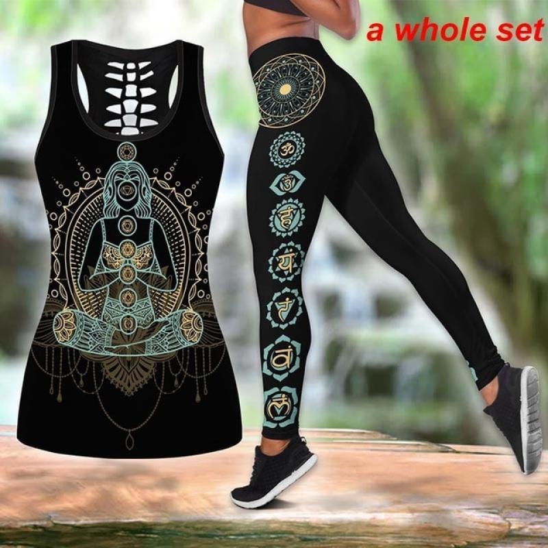 Mandala Chakra Sacred Geometric Sign Pencil Pants + Women Backless Camisoles Tanktop Yoga Set for Women Gift for Her