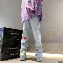 Hong Kong Style Printed Letter High Street Jeans Men And Women Loose Straight BF Wind Wide Leg Mopping Trousers Ins Show Thin