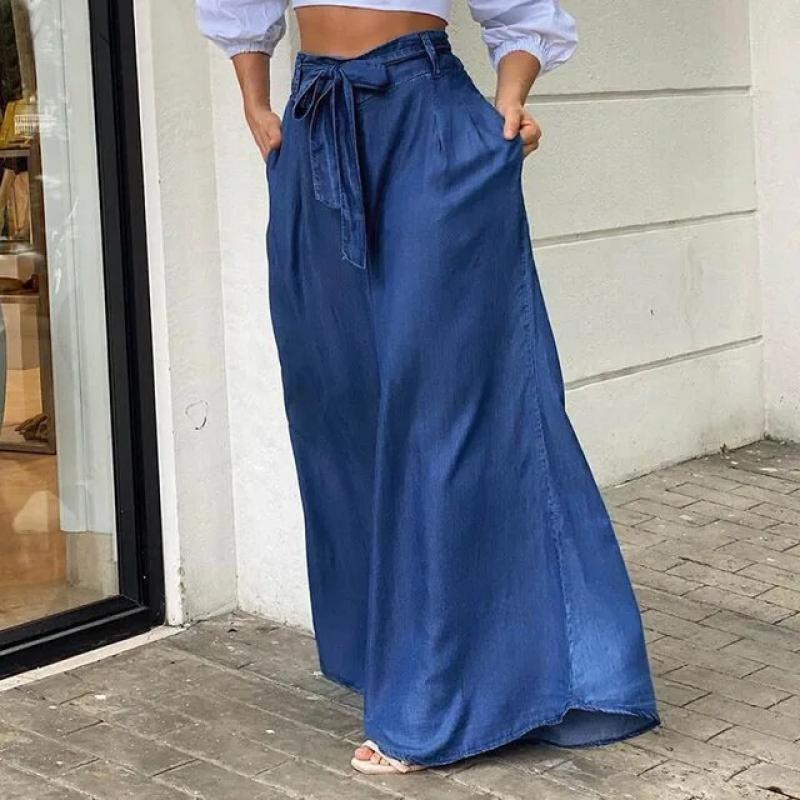 2023 Casual Loose Women Long Pants Skirt High Waist Belted Solid Streetwear Fashion Women Pants Skirt