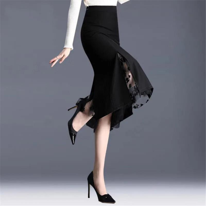 FairyShely 2023 Women Spring Summer Irregular Mesh Skirt Band Splice High Waist Skirt Knee Khaki Split Office Lady Skirt