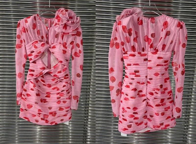 Emily Is In Paris Same Big Flower Shoulder Pad Strapless Bodycon Mini Dress Sexy Hollow Out Waist Pink Print Pleated Dresses