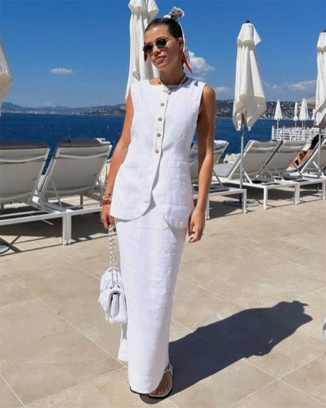 White Cotton Linen Vest Top Long Skirt Two Piece Set Summer Causal Office Lady Single Breaste Sleeveless Top and Skirt Outfits