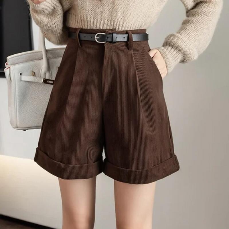 Retro High Waist Wide-leg Women Shorts 2022 New Autumn Winter Corduroy Casual Female Shorts Boyfriend Style Woman Shorts