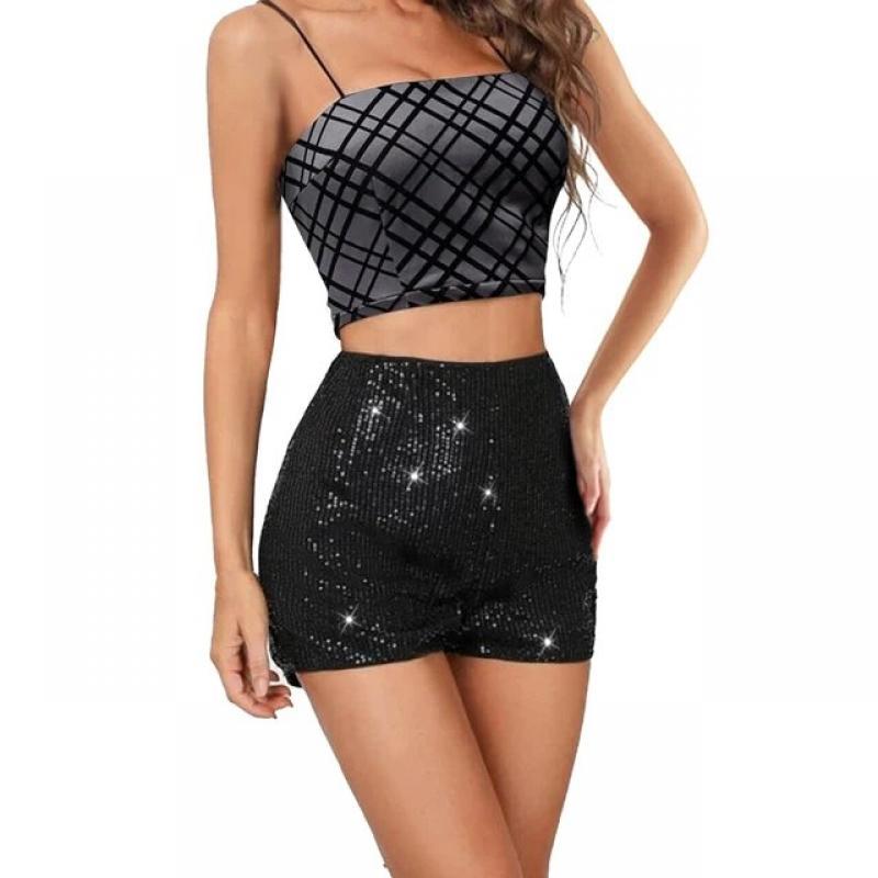 Stylish and Shimmering Women s Mid Waist Sequin Shorts with Elastic Waistband - Perfect for Parties and Nights Out
