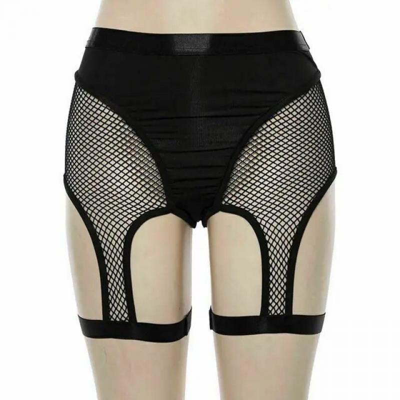 Sexy Womens Fish Net Shorts Mesh black sexy High Waist Hollow Out Skinny See Through Garter Shorts Belt Holder Short Dance Black