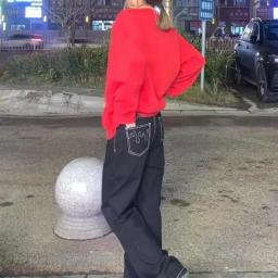 Red Line Flame Print Jeans Street Straight High Waist Trousers 2023 New Style American Splicing Retro Thin Fashion Loose Jeans