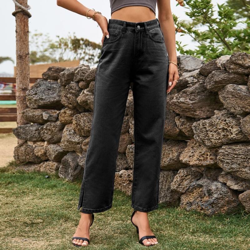 Women's Blue Denim Dress Y2K Trouser Leg Slits Washed Loose Casual Fashion Street Mid Waist Denim Trousers 2023 Ladies Pants
