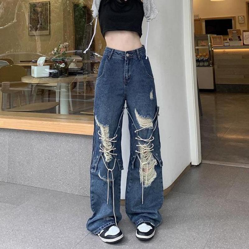 Ripped strap ladies jeans autumn high waist straight wide leg pants retro hip hop blue y2k fashion temperament loose trousers