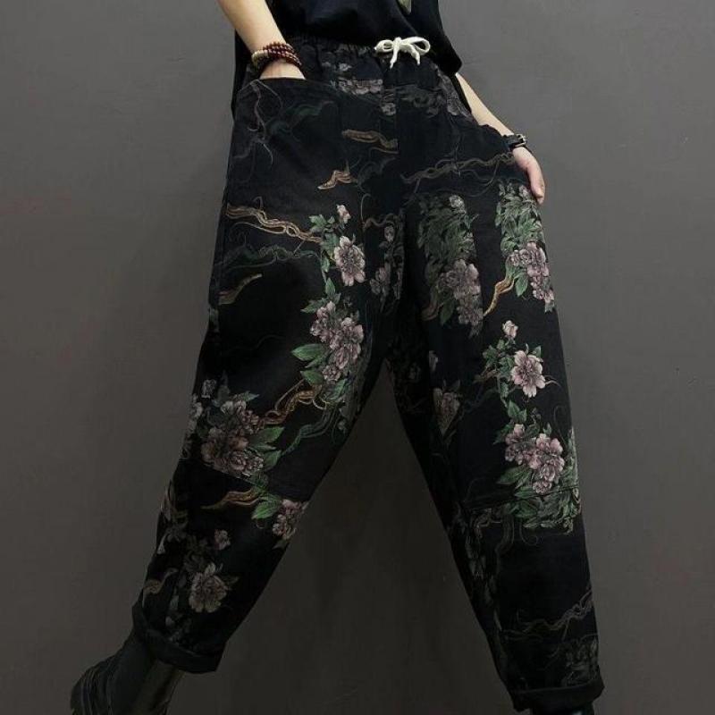 2021 New Arrival Spring/autumn Women Patchwork Cotton Denim Ankle-length Pants Elastic Waist Vintage Print Harem Pants V459