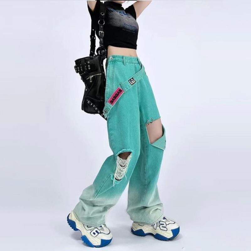 American Style Vintage Ripped Y2k Baggy Jeans Women Streetwear Casual Trousers Hot Girl High Waist Women's Side Button Pants