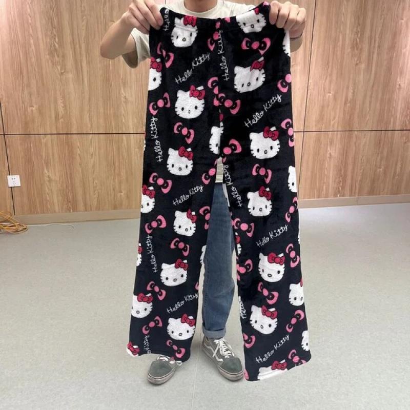 Halloween Sanrio Hello Kitty Plush Cotton Sleep Bottoms Pjs Pants 2023 New Cute Cartoon Flannel Winter Warm Casual Home Pants