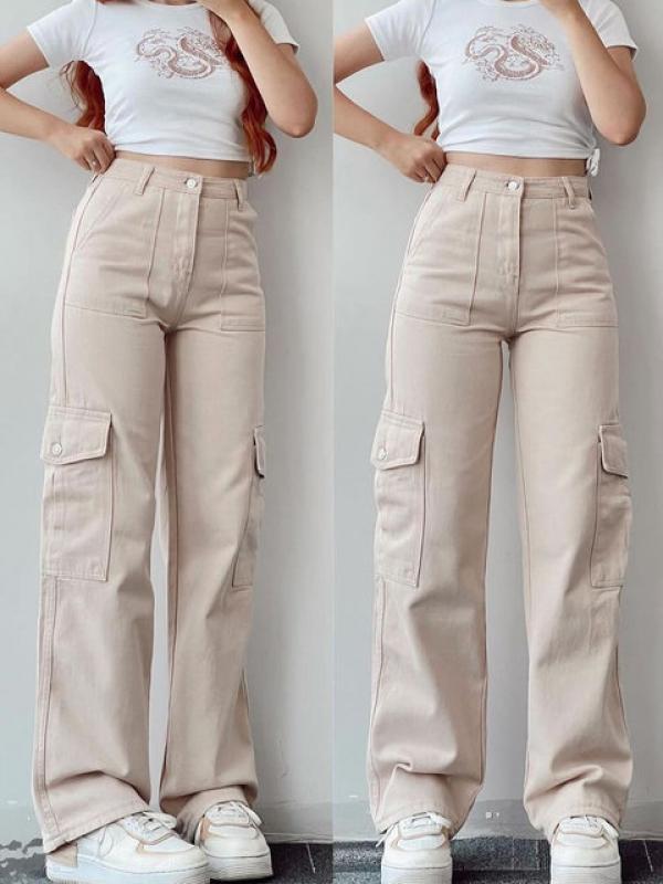 Y2K Women Streetwear Techwear Cargo Korean Harajuku Parachute Track Pants Beige Sweatpants Wide Leg Joggers Trousers Clothes
