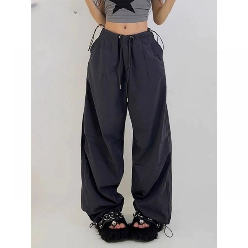 Deeptown Y2k Vintage Brown Parachute Cargo Pants Women Hippie Wide Leg Trousers Streetwear Baggy Sweatpants Kpop Fashion Joggers