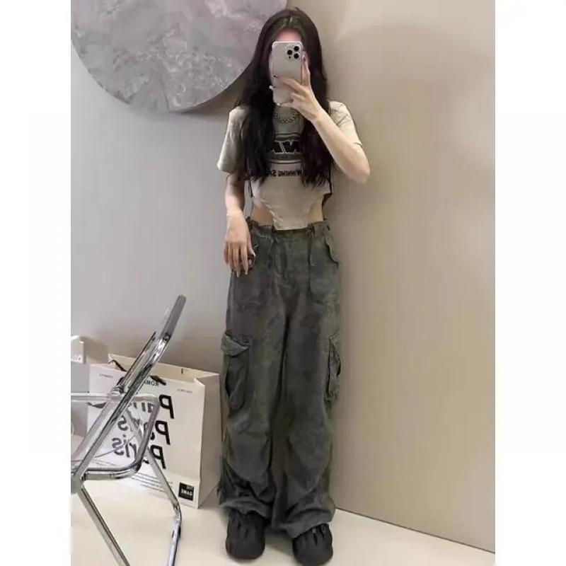 Deeptown Camouflage Vintage Cargo Pants Women Gyaru Streetwear Baddie Grunge Low Waist Harajuku Casual Trousers 90s Aesthetic
