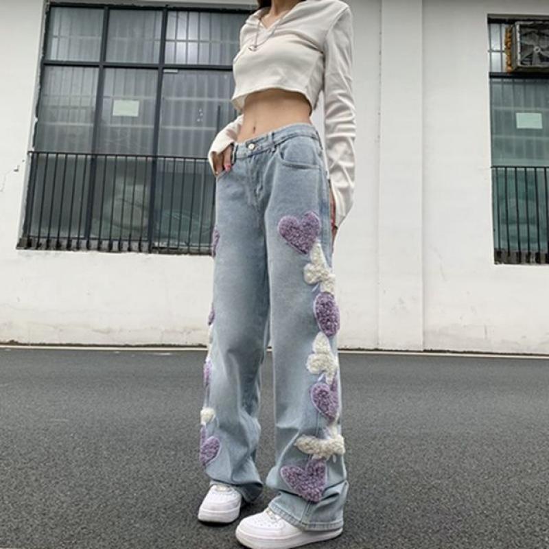 Love Embroidery Jeans Women Spring and Autumn Casual Style Loose Straight Mop Wide Leg Pants Tide Streetwear VintageTrouser