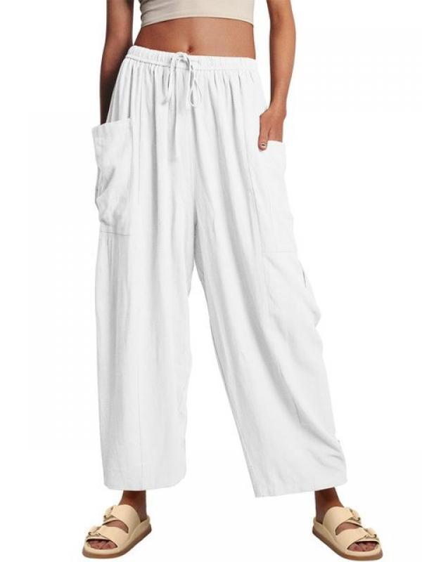 2023 Summer Cotton Linen Women's Long Pants White Lace Up Pleated Pockets Loose Dresses Female New Casual Trendy Clothes Ladies